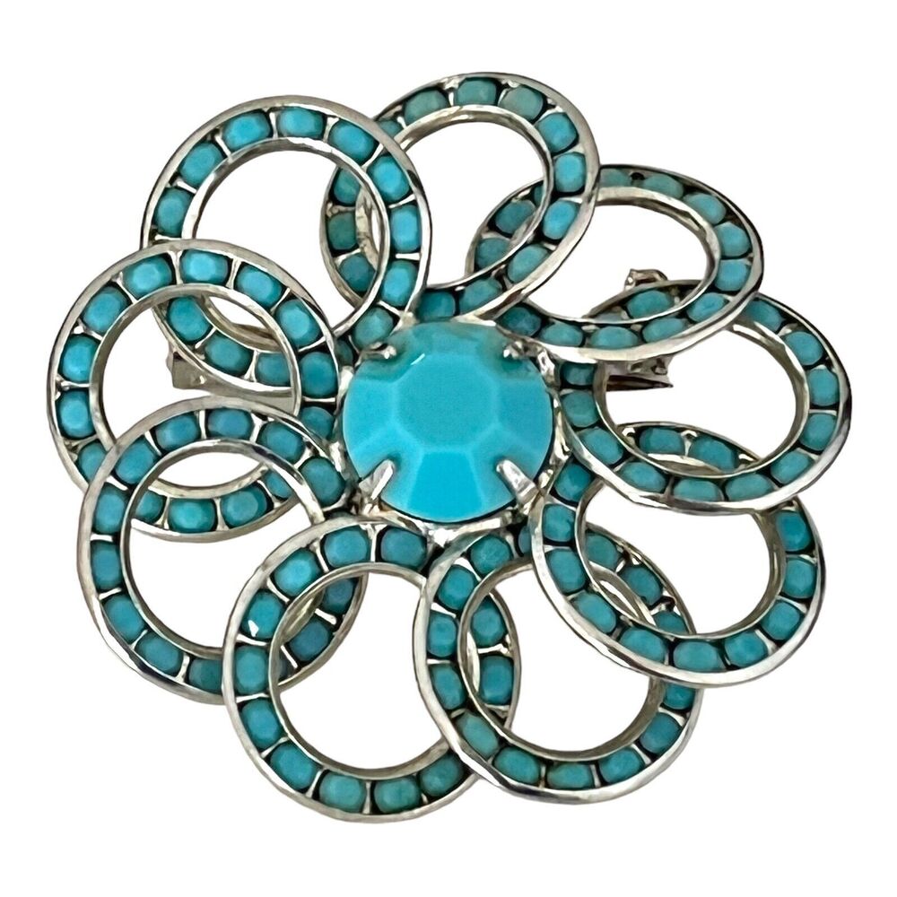 Vintage 1960s Blue Glass Flower Brooch Openwork Silver Tone Pin - 3A